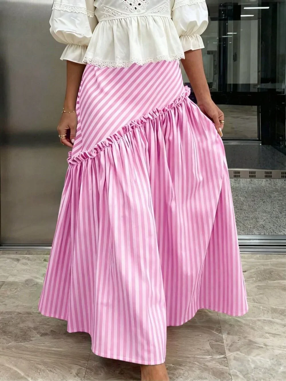 Pink Casual,Elegant Women's Casual A-Line Striped Ruffle Hem Skirt